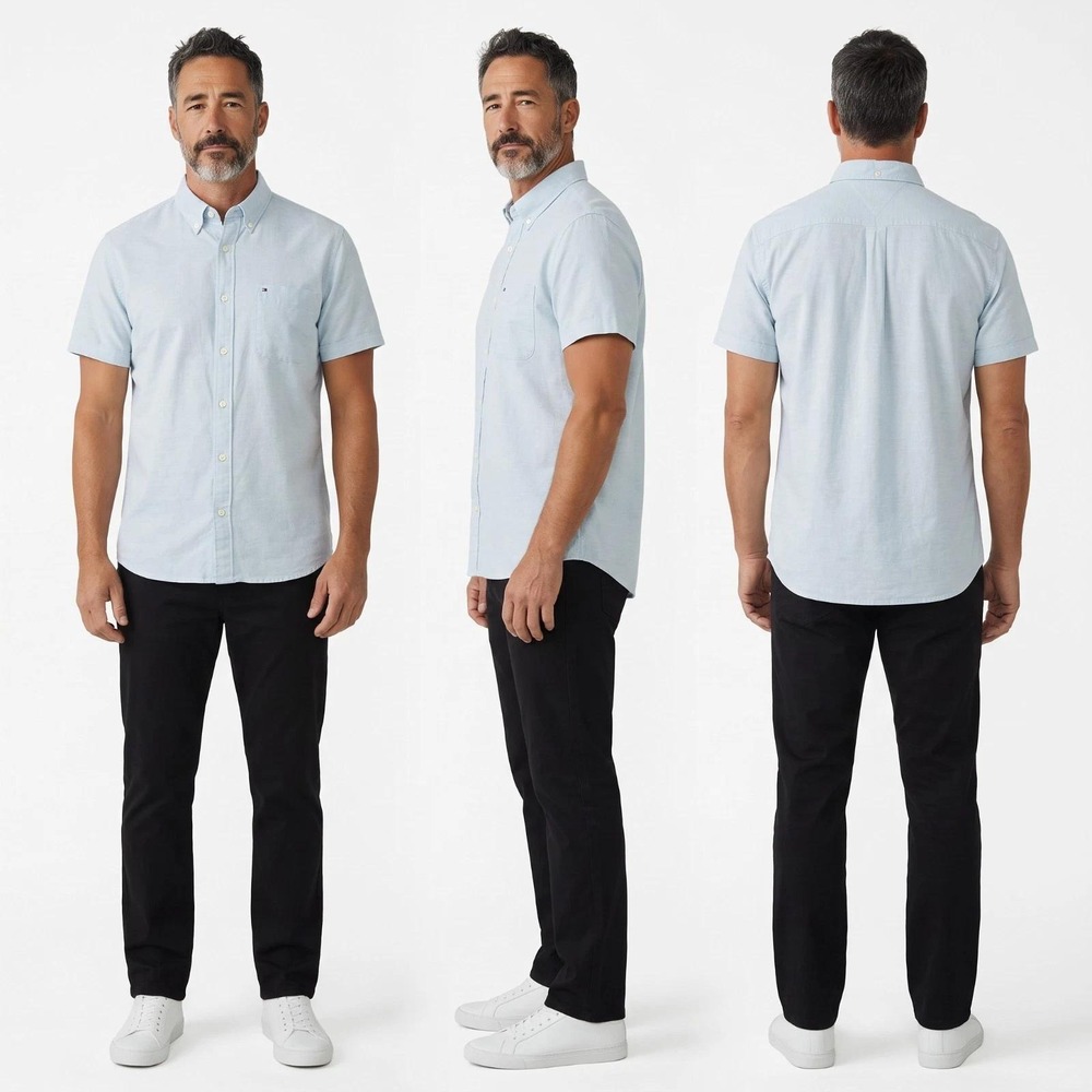 Tommy Hilfiger Men's Porter Cotton Linen Shirt Size L Light Blue Short Sleeve